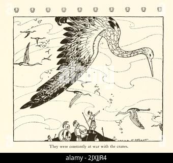 Ils étaient constamment en guerre avec les grues de ' The Pygmies ' du livre ' Tanglewood Tales ' de Nathaniel Hawthorne, 1804-1864; illustré par Virginia Frances Sterrett, date de publication 1921 Editeur Philadelphie Penn Pub Co. Tanglewood Tales for Boys and Girls (1853) est un livre de l'auteur américain Nathaniel Hawthorne, une suite à Un Wonder-Book for Girls and Boys. C'est une réécriture de mythes grecs bien connus dans un volume pour les enfants. Banque D'Images
