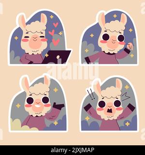 Dessin main dessin dessin animé naïf lama sticker set Illustration vectorielle. Illustration de Vecteur