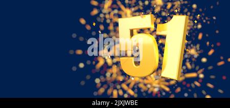 Numéro d'or 51 au premier plan avec des confettis d'or tombant et des feux d'artifice hors de la mise au point sur un fond bleu foncé. 3D Illustration Banque D'Images