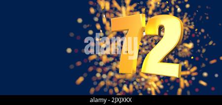 Numéro d'or 72 au premier plan avec des confettis d'or tombant et des feux d'artifice hors de la mise au point sur un fond bleu foncé. 3D Illustration Banque D'Images