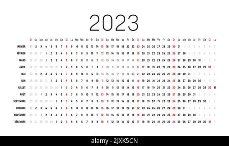 Calendrier mural de l'année 2023 avec dates alignées, en français. Modèle vectoriel d'une page, conception linéaire et horizontale. Illustration de Vecteur