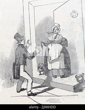 Illustration représentant une femme de ménage en surpoids ouvrant la porte avant de la maison dans laquelle elle travaille. Daté du 19th siècle Banque D'Images