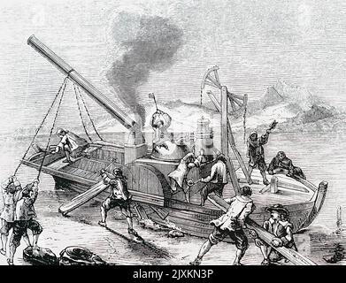 Illustration représentant les ouvriers de Weser qui détruisent le bateau à vapeur de Denis Papin. Denis Papin (1647-1713) psyché, mathématicien et inventeur français. Daté du 18th siècle Banque D'Images