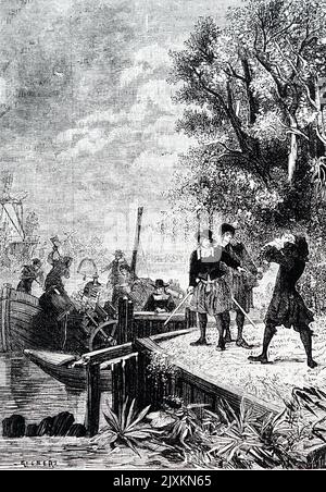Illustration représentant les ouvriers de Weser qui détruisent le bateau à vapeur de Denis Papin. Denis Papin (1647-1713) psyché, mathématicien et inventeur français. Daté du 18th siècle Banque D'Images