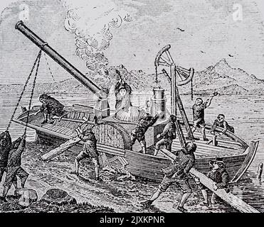 Illustration représentant les ouvriers de Weser qui détruisent le bateau à vapeur de Denis Papin. Denis Papin (1647-1713) psyché, mathématicien et inventeur français. Daté du 18th siècle Banque D'Images