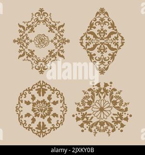 Ensemble de motifs floraux vintage. Motif Mehndi. Texture décorative. Marron, couleur dorée. Pour la conception de mur, menus, invitations de mariage ou étiquettes Illustration de Vecteur