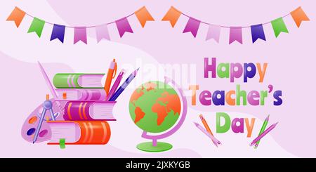 Affiche « Happy Teacher's Day » de style dessin animé. Parcours scolaire avec livres, crayons et globe. Illustration vectorielle. Illustration de Vecteur