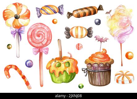 Ensemble d'illustrations aquarelles de différents bonbons fantaisie et bonbons d'Halloween. Halloween peinture isolée dessinée à la main. Ensemble d'éléments. Pour la fête, poste Banque D'Images