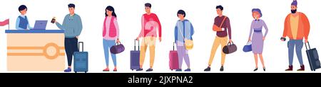 File d'attente AirPort. Les personnes qui attendent un contrôle de passeport avec des sacs de voyage isolés sur fond blanc Illustration de Vecteur