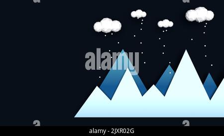 Montagnes en hiver illustration abstraite. Des montagnes de gradient bleu avec de faibles nuages en polyéthylène au-dessus et de la neige qui tombe. Concept de paysage d'hiver de nuit. Banque D'Images