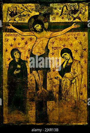 Icône processionnelle double face, de la Crucifixion, d'abord peinte au 9th siècle, puis retouchée au 10th siècle, et de nouveau au 13th, Musée byzantin et chrétien d'Athènes, Banque D'Images