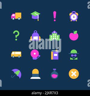 Retour à l'école - ensemble d'icônes fluo de style plat Illustration de Vecteur
