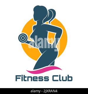 Logo ou emblème du club de fitness. La femme tient une cloche. Isolé sur fond blanc. Illustration de Vecteur