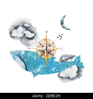 Baleine dans les nuages avec la lune, un phare et une boussole sur son arrière aquarelle illustration sur un fond blanc. Cerf-volant, signes et symbolisme Banque D'Images