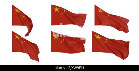 Drapeau de Chine, collection de drapeaux de Chine, drapeaux de forme différente 6 drapeau 3D placé sur fond blanc isolé, 3D œuvres et 3D images Banque D'Images