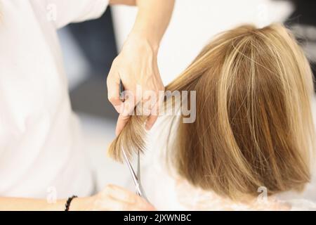 La coiffeuse coupe les cheveux avec des ciseaux dans le salon de coiffure Banque D'Images