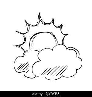 Conditions météorologiques. Temps nuageux. ciel et soleil, nuages. Illustration vectorielle dessinée à la main dans un style d'esquisse. Illustration de Vecteur
