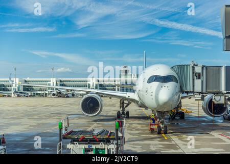 MUNICH, ALLEMAGNE - SEPTEMBRE 7 : Airbus de Lufthansa amarré à une porte de l'aéroport de Munich sur 7 septembre 2022 à Munich, Allemagne Banque D'Images