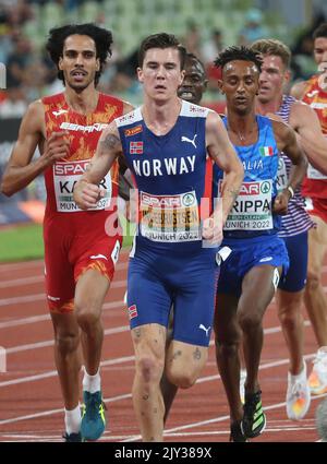 CRIPPA Yemaneberhan d'Italie , INGEBRIGTSEN Jakob de Norvège et KATIR Mohamed d'Espagne finale hommes 5000m pendant les Championnats européens d'athlétisme 2022 sur 15 août 2022 à Munich, Allemagne - photo Laurent Lairys / DPPI Banque D'Images