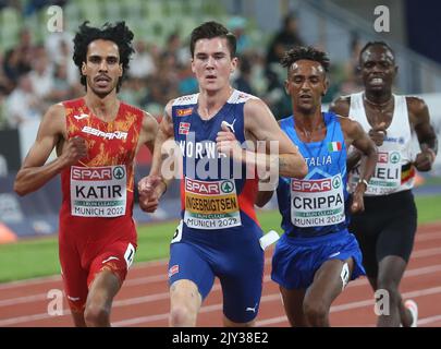 CRIPPA Yemaneberhan d'Italie , INGEBRIGTSEN Jakob de Norvège et KATIR Mohamed d'Espagne finale hommes 5000m pendant les Championnats européens d'athlétisme 2022 sur 15 août 2022 à Munich, Allemagne - photo Laurent Lairys / DPPI Banque D'Images