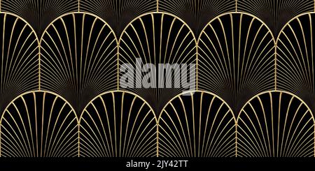 Motif éventail de paume festonné Art déco doré sans couture. Vintage abstrait géométrique plaqué or haute sculpture relief sur fond noir foncé. Moderne Banque D'Images