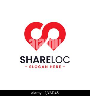 Modèle de conception de logo de lieu de partage. Vecteur d'icône de pointeur de carte. Concept de symbole Creative PIN Share. Illustration de Vecteur