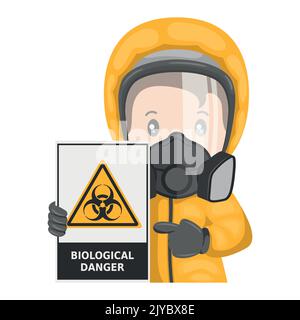 Travailleur industriel avec panneau d'avertissement de risque biologique. Icône et pictogramme de mise en garde concernant les risques biologiques. Combinaison de protection et respirateurs. Sécurité industrielle et oc Illustration de Vecteur