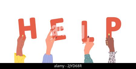 Groupe de différentes mains féminines tenant le mot rouge aide. Les diverses ethnies sont réunies. Illustration vectorielle dessinée à la main dans un style de dessin animé Illustration de Vecteur