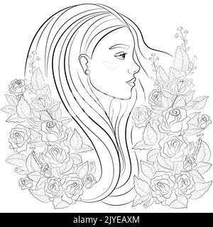 Belle jeune fille parmi les roses. Livre de coloriage pour les enfants et les adultes. Illustration de dessin au trait vectoriel. Illustration de Vecteur