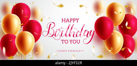 Motif vectoriel de vœux d'anniversaire. Texte joyeux anniversaire avec ballons flottants rouges et or sur fond blanc pour la décoration de bannière de jour de naissance. Illustration de Vecteur