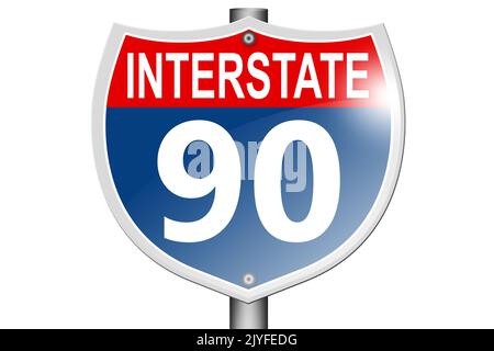 Panneau routier de l'Interstate Highway 90 isolé sur fond blanc, rendu 3D Banque D'Images