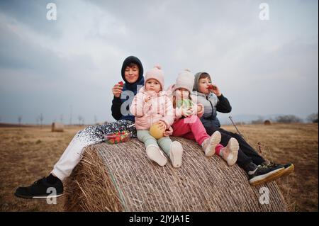 Quatre enfants avec des fruits dans les mains assis sur haycock au champ. Banque D'Images