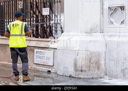 Les manifestants de la rébellion animale ont pulvérisé un mur du Palais de Westminster de peinture blanche et bloqué la route à l'extérieur. Nettoyer la peinture du mur Banque D'Images