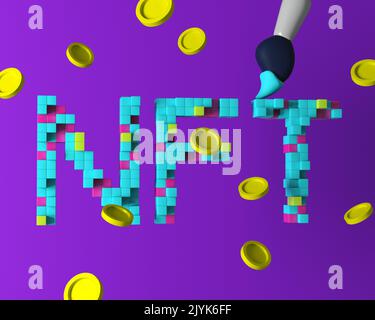 Jetons non fongibles NFT pour crypto Art. Chip Pay objets de collection uniques dans les jeux ou art. Concept de objets de collection NFT crypto art. 3d illustration du rendu. Banque D'Images