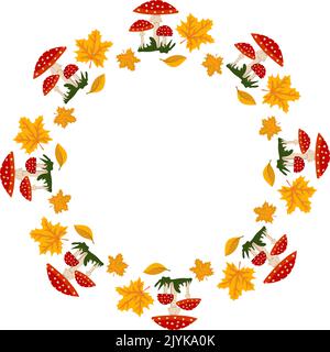 Cadre rond avec champignon agarique rouge à la mouche avec des points blancs et des feuilles d'érable jaune. Couronne d'automne lumineuse avec cadeaux de la nature et espace vide pour le texte. Décoration pour halloween et vacances Illustration de Vecteur