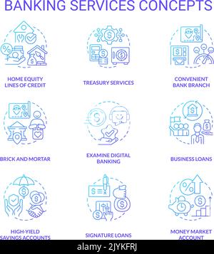 Ensemble d'icônes de concept de dégradé bleu des services bancaires Illustration de Vecteur