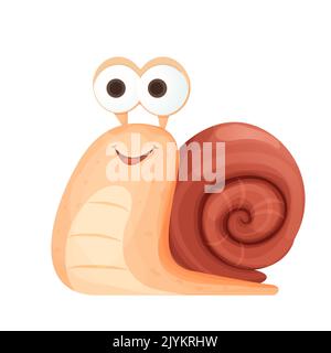 Escargot drôle caractère gai et souriant avec coquille dans le style de dessin animé isolé sur fond blanc. Caractère mignon, émotion positive. Ligne-bloc de caractères. Illustration vectorielle Illustration de Vecteur