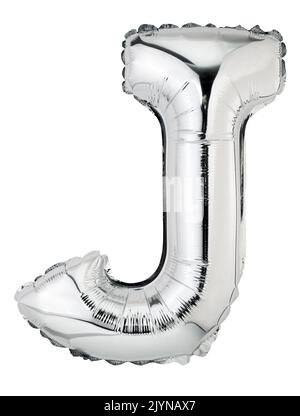 Lettre J dans un ballon en mylar argenté isolé sur blanc Banque D'Images