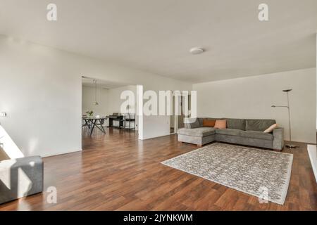 Canapé confortable avec coussins placés contre un mur lumineux avec cheminée électrique et décorations dans le salon moderne Banque D'Images