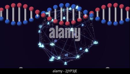 Image du brin d'adn rotatif 3D, avec réseau globe d'icônes connectées, sur fond noir Banque D'Images
