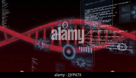 Image de la rotation des brins d'adn, des portées et du traitement des données sur fond noir Banque D'Images