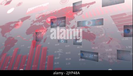 Image des cellules Covid 19, flèche rouge avec portées et traitement des données sur les écrans de la carte du monde Banque D'Images