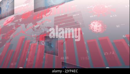 Image des cellules Covid 19, flèche rouge avec portées et traitement des données sur les écrans de la carte du monde Banque D'Images