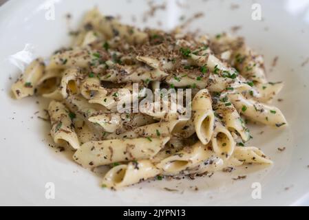 Pâtes ziti fraîches à la sauce aux champignons truffes, servies sur une assiette blanche Banque D'Images