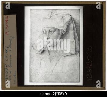 Tableau de Rogier van der Weyden, représentant la tête d'une femme inconnue. Connu pour ses portraits détaillés et émotionnels, les œuvres de van der Weyden capturent souvent la profondeur psychologique et les expressions faciales réalistes. Banque D'Images