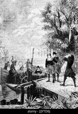 Illustration représentant les ouvriers de Weser qui détruisent le bateau à vapeur de Denis Papin. Denis Papin (1647-1713) psyché, mathématicien et inventeur français. Daté du 18th siècle Banque D'Images
