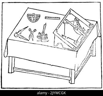 Illustration représentant un tableau de dessin montrant un carré en T gradué utilisé sur le schéma. Daté du 17th siècle Banque D'Images
