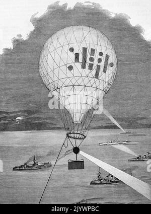 Illustration représentant un ballon à air chaud aidant à la recherche d'un homme perdu en mer en shintant une énorme lumière dans le ciel nocturne. Daté du 19th siècle Banque D'Images