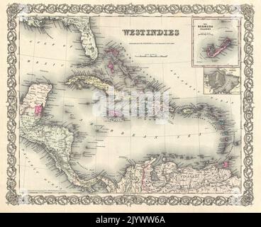 1855 première édition exemple de la carte de Colton des Antilles. Centrée sur Saint-Domingue (Hispaniola), cette carte s'étend au nord pour couvrir toute la Floride, au sud jusqu'à la baie de Panama et au nord de l'Amérique du Sud, et à l'est jusqu'à la Barbade et les îles du vent (Antilles). Identifie l'île de San Salvador ou l'île de Cat aux Bahamas comme le site où Christophe Colomb aurait atterri sur 12 octobre de 1492. Colton identifie également le site au large de la rive sud de Saint-Domingue où Sir John Duckworth a vaincu le reste de la flotte française après la bataille de Trafalgar. Comme Banque D'Images