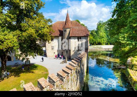 Le château médiéval de Hallwyl, datant de 13th ans, est entouré d'une douve sur la rivière Aabach, à Seengen, dans le canton d'Argau, en Suisse Banque D'Images